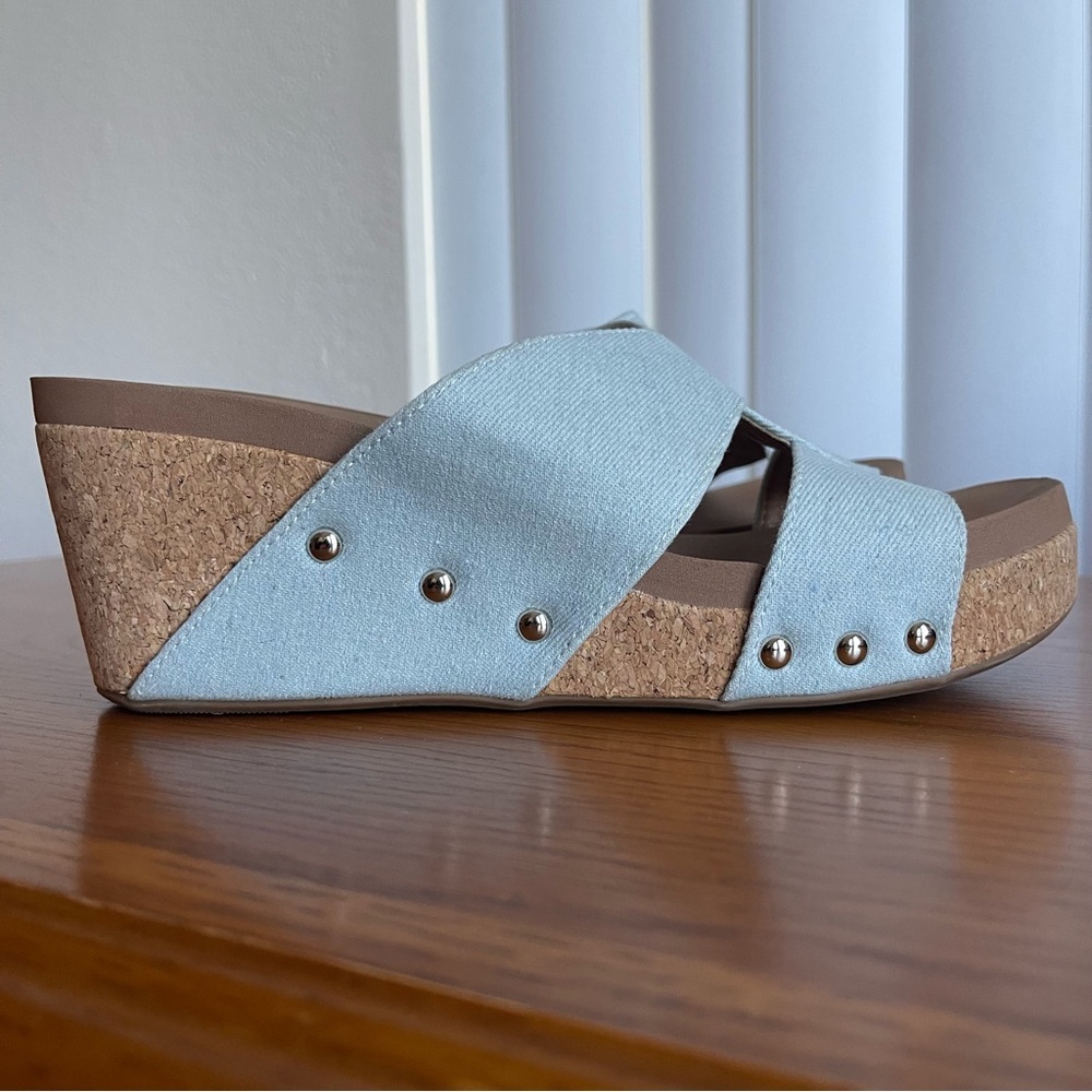 Corkys Bonnie Studded Wedge Sandal Light Blue Denim Size 9 - Picture 4 of 15